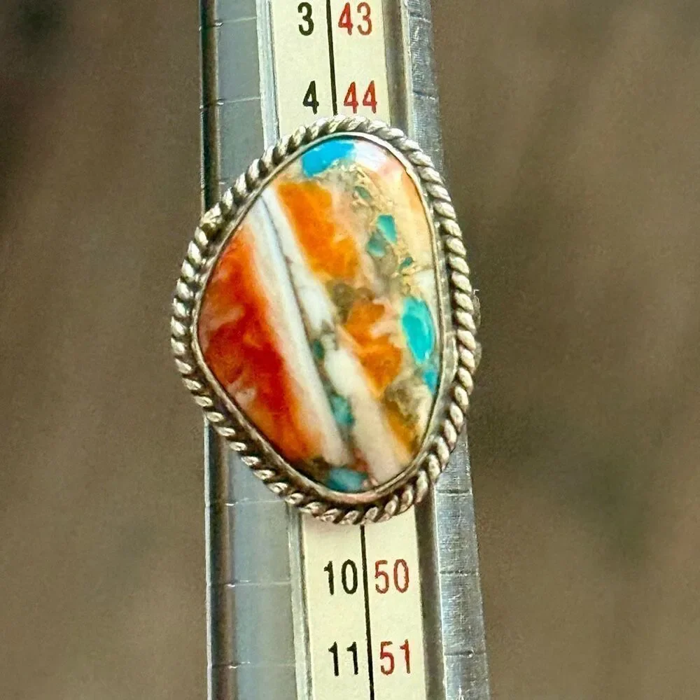 Southwestern Spiny Oyster Turquoise Ring Silver Statement Boho Size 6 Unique New